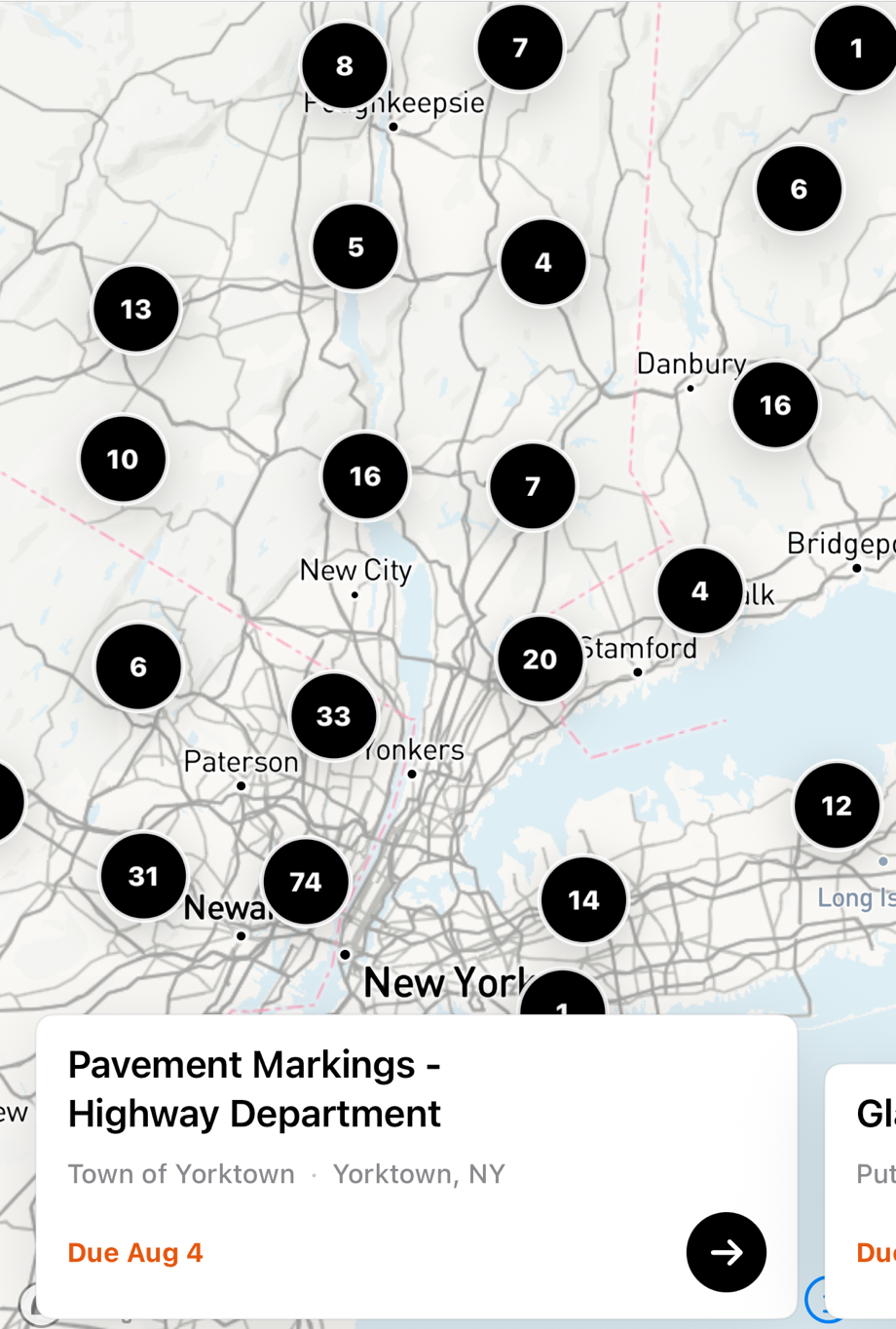 Map of open bids with cluster pins across NY, NJ, and CT